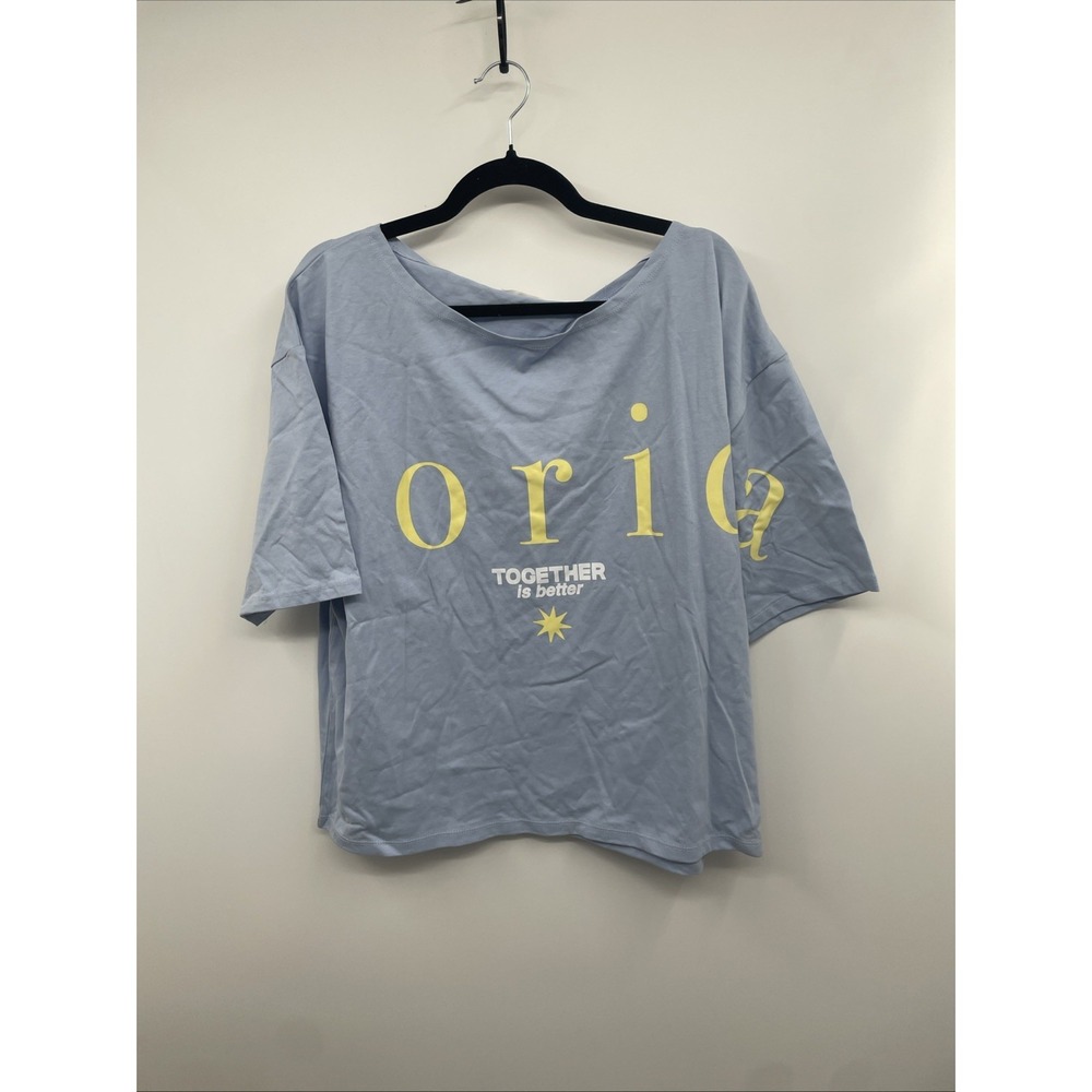 Stradivarius T-Shirt Womens L Blue Printed 100% Cotton Boat Neck Oversized NWT